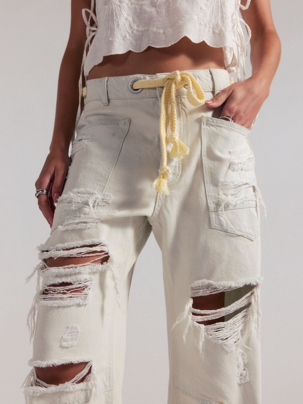 Free People Cream Distressed Boyfriend Moxie Jeans - Picture 4 of 8